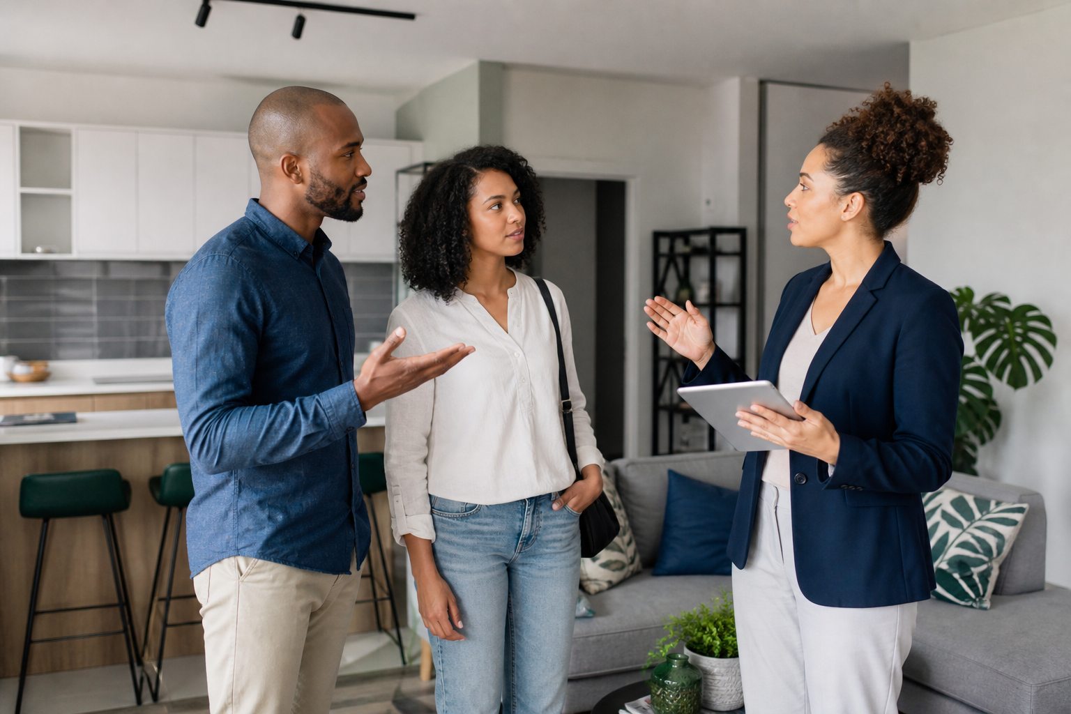Prospective renters speaking with a property agent during a viewing