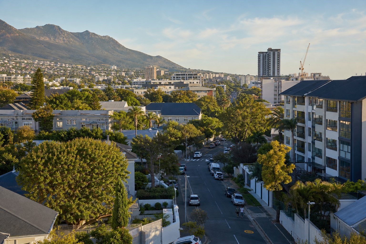 A South African residential neighbourhood with homes, apartments, and trees