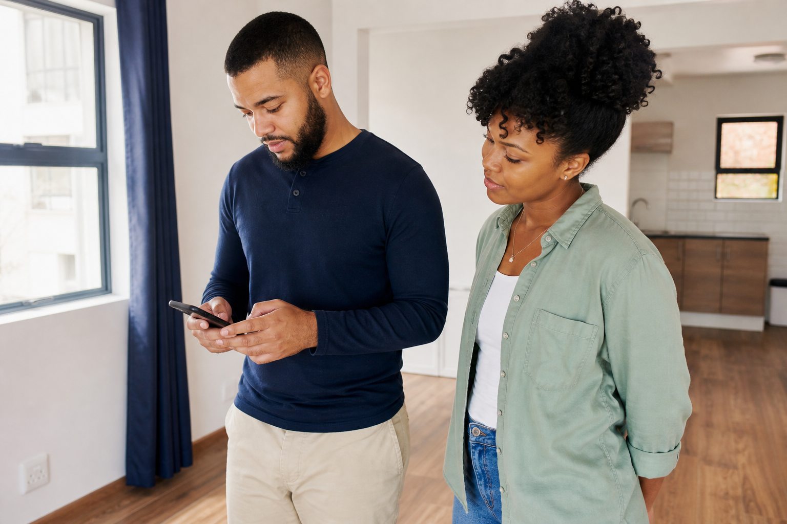 A renter checking accommodation details during an apartment viewing